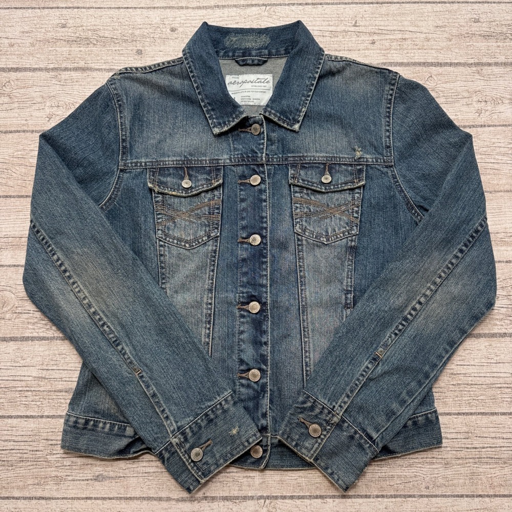Y2K Aeropostale Trucker Jacket Women's L Blue Denim Cotton Medium Wash Utility